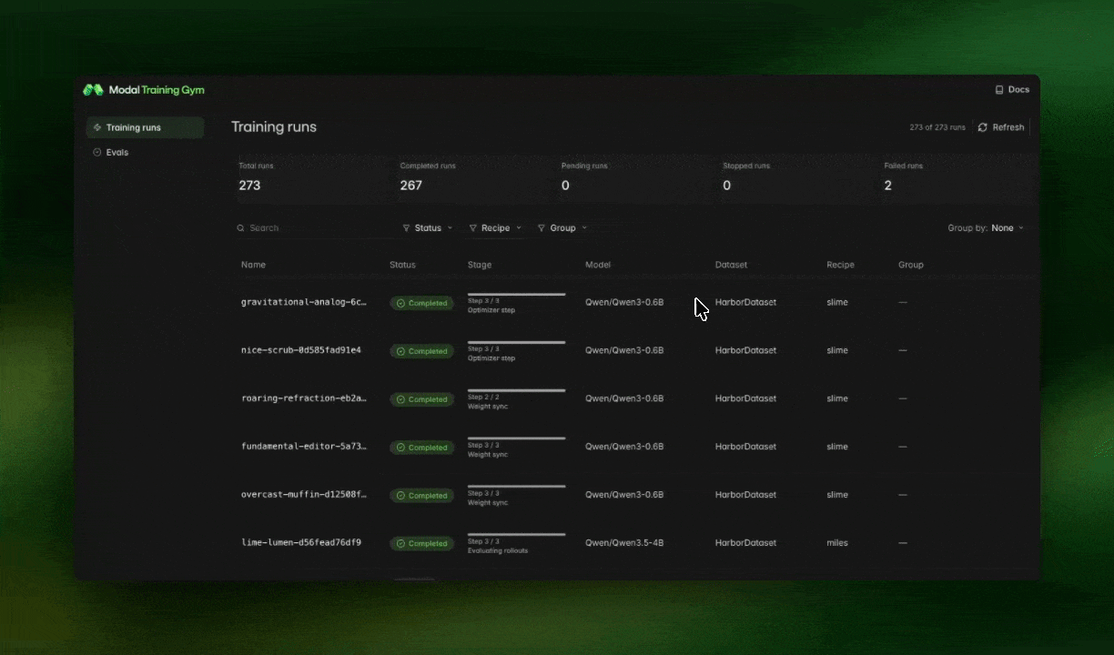 Training runs list in the Training Gym dashboard