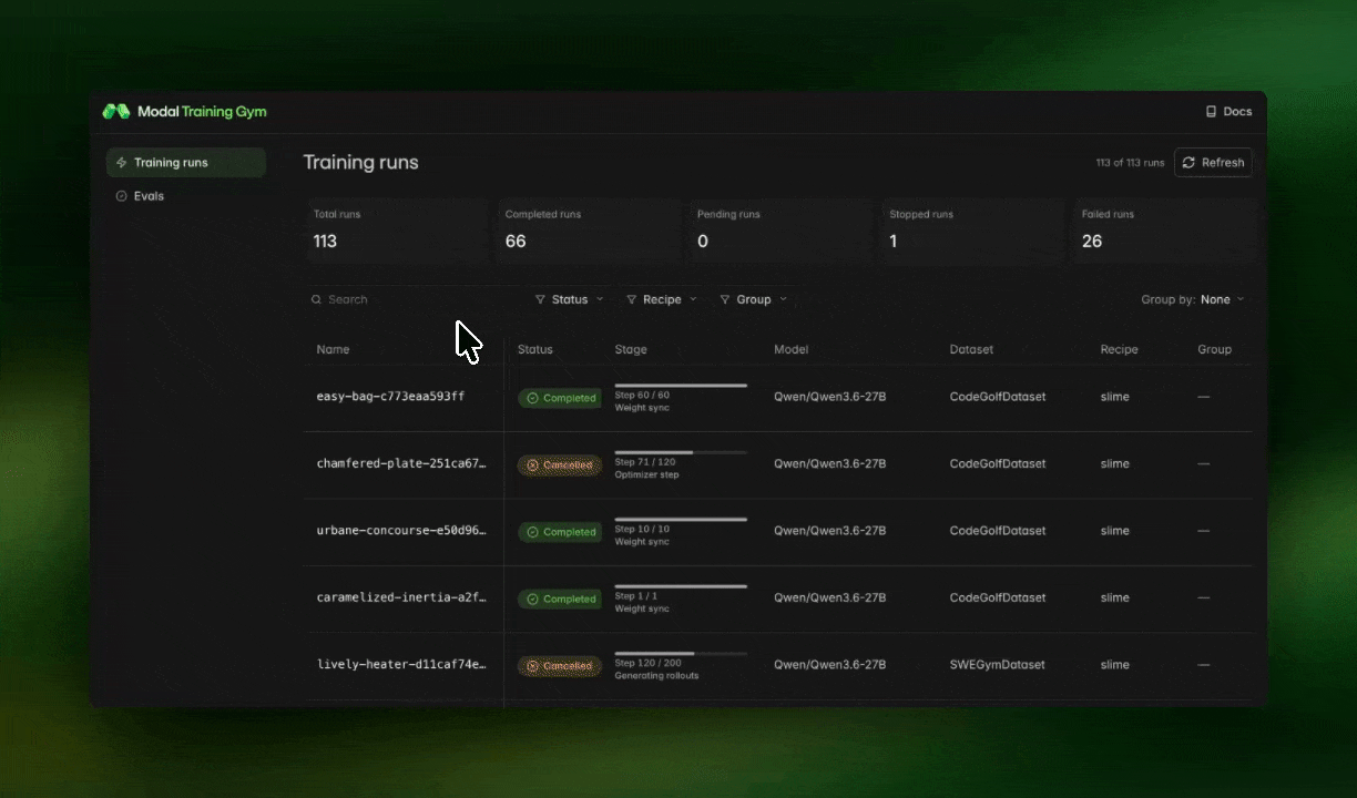 Long-running training run details in the Training Gym dashboard