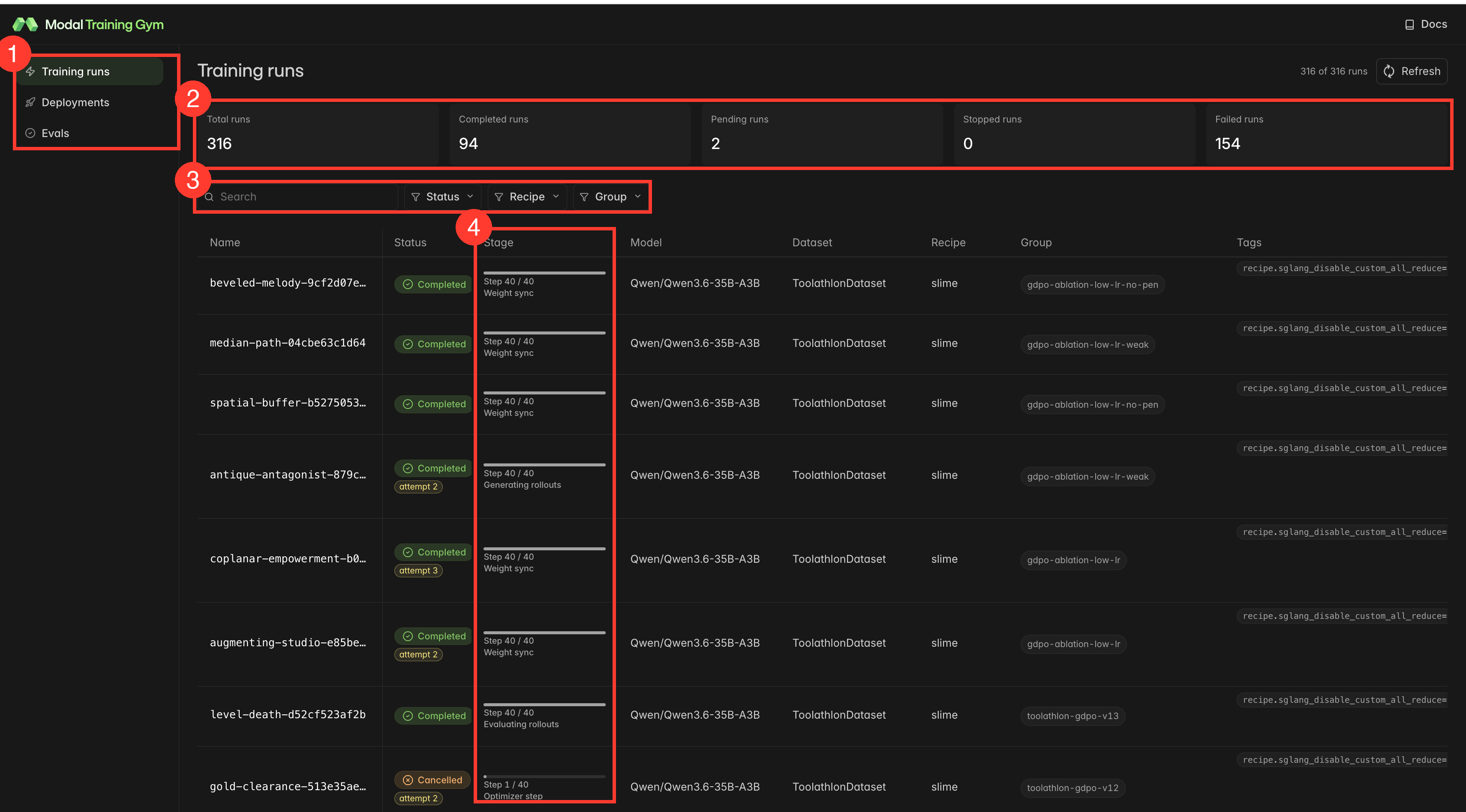 Training runs list with annotated components